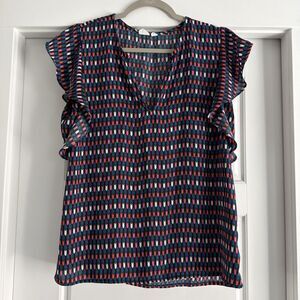 GAP Blouse Womens S Pullover V-Neck Ruffle Cap Sleeve Blue Red Pink Shirt